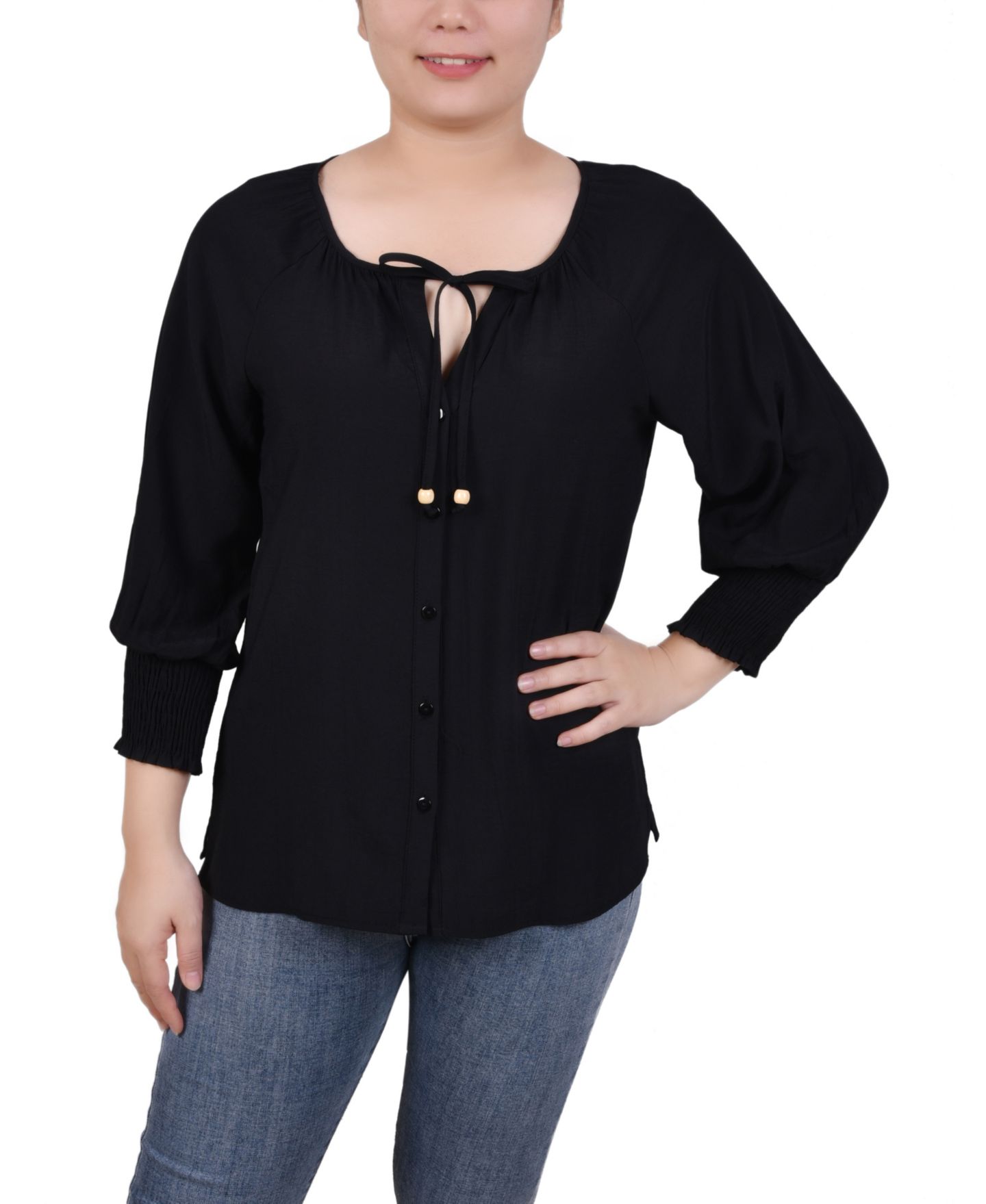 Женская блузка NY Collection 3/4 Sleeve Button Front, цвет: Чёрный — фото 1