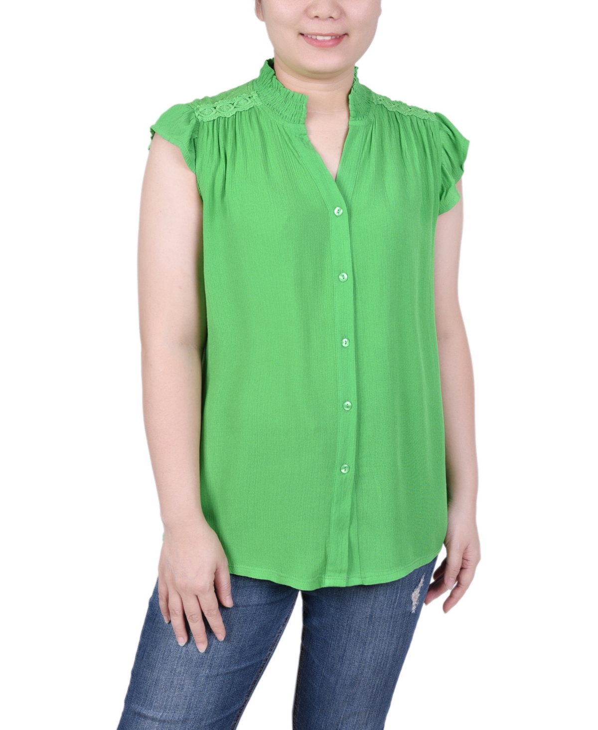 Women's Short Flutter Sleeve Crepon Blouse - Green