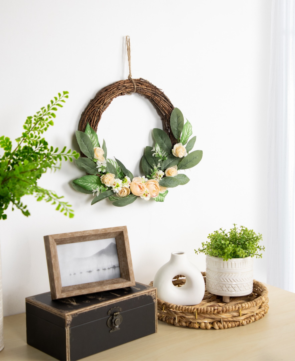 Northlight 14" Mini Peach Rose Half Floral Spring Wreath In Green