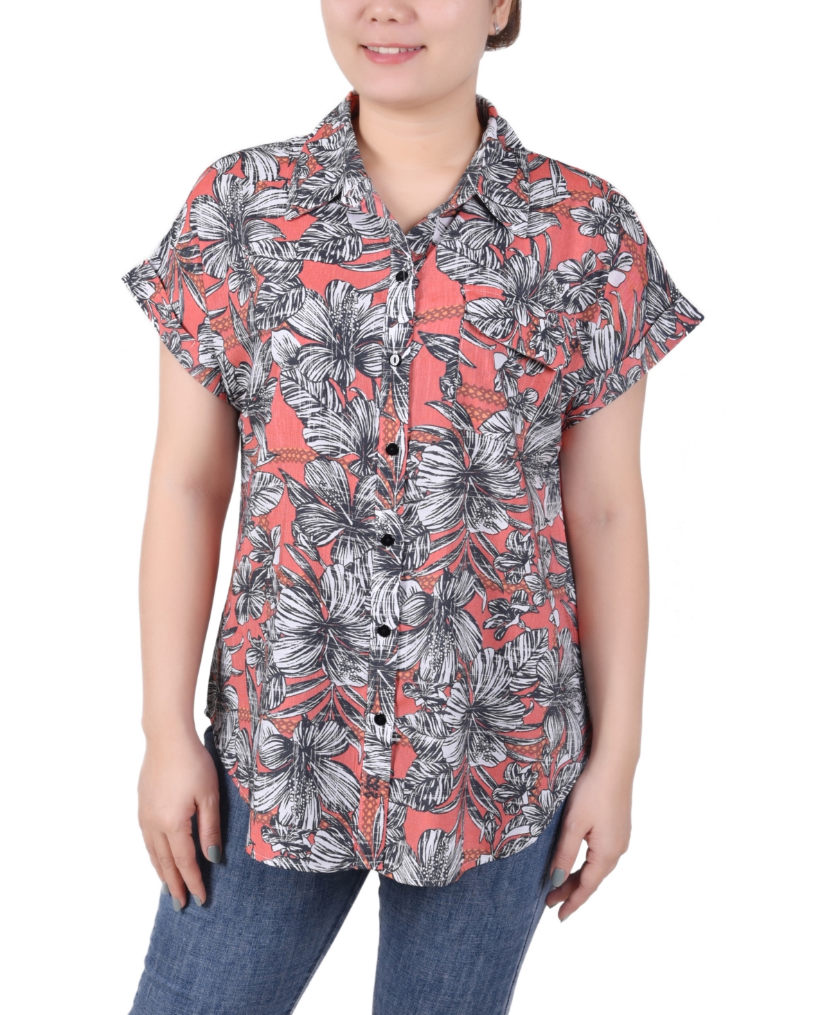 Women's Short Rolled Sleeve Button Front Blouse - Red Mauibreeze