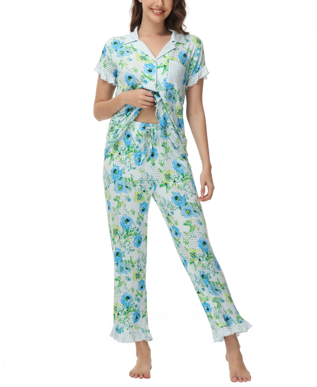 C. Wonder Women's Printed Notch Collar Short Sleeve with Ruffle and Pants 2 Pc. Pajama Set