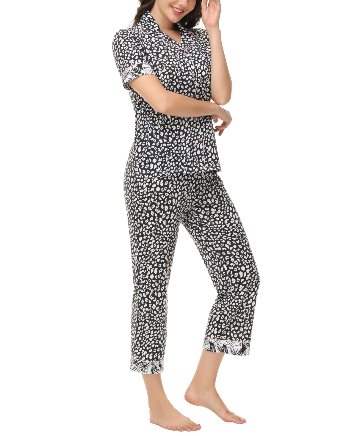 C. Wonder Women's Printed Short Sleeve Notch Collar with Pants 2 Pc. Pajama Set