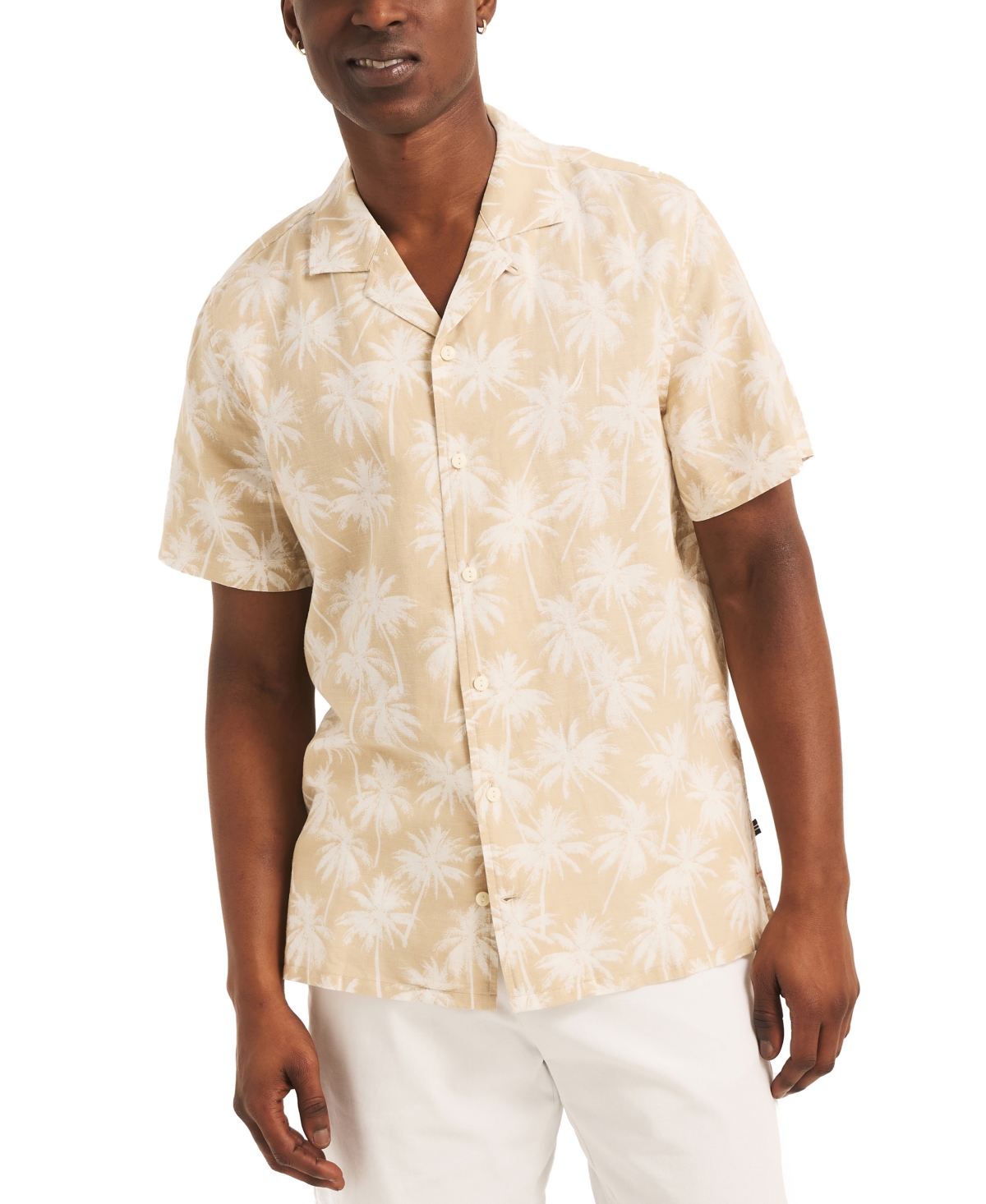Men's Linen-Blend Palm Print Short Sleeve Camp Shirt - Twill Chino