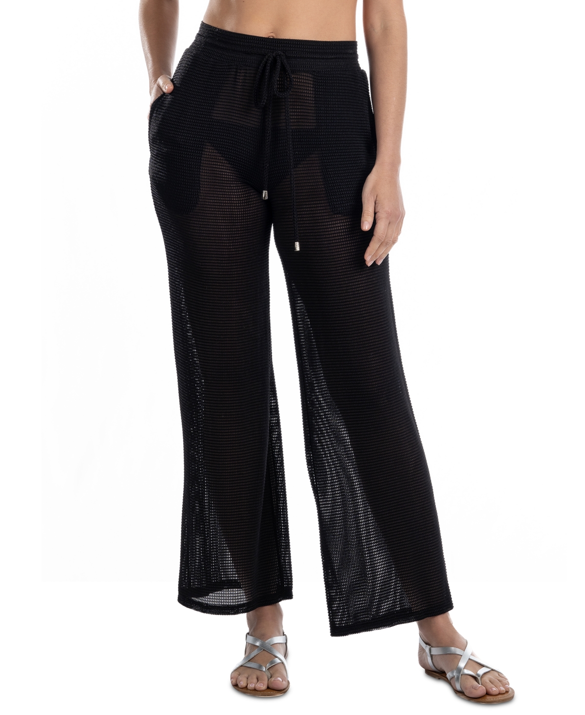 Shop Dotti Women's Mesh Drawstring-waist Wide-leg Cover-up Pants In Black