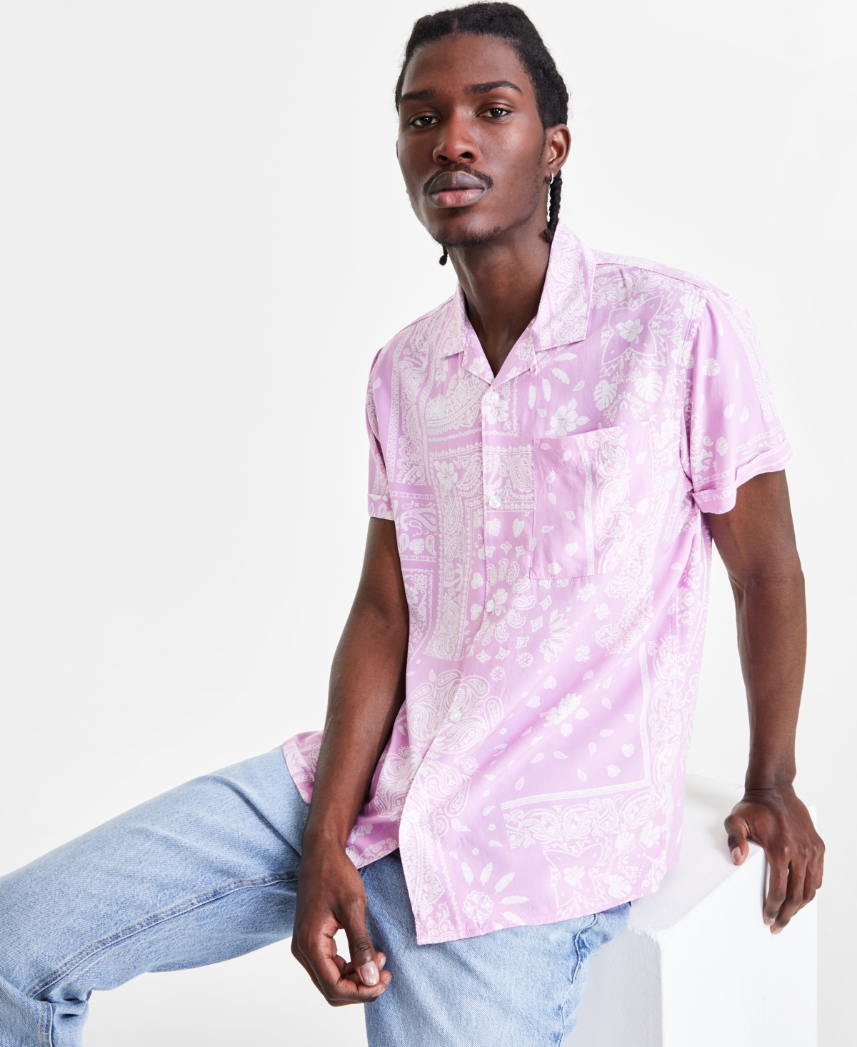 Shop Sun + Stone Men's Klaus Short Sleeve Button-front Printed Shirt, Created For Macy's In Pale Iris