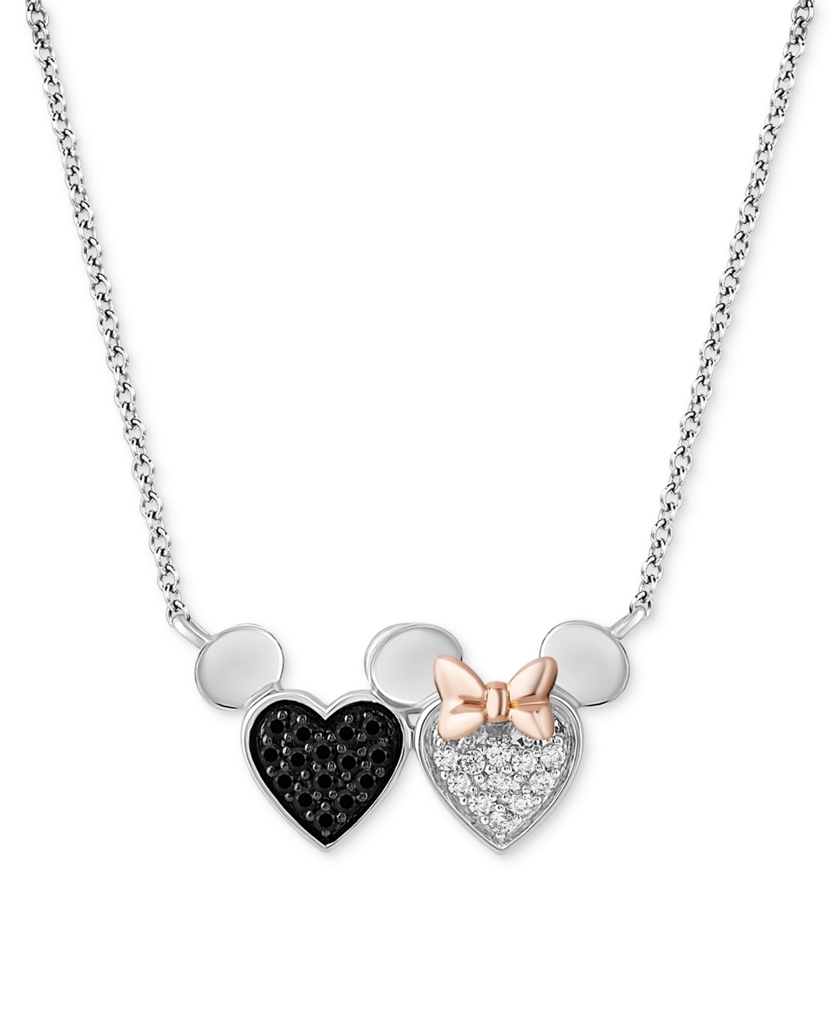 Shop Wonder Fine Jewelry Black Diamond (1/8 Ct. T.w.) & White Diamond (1/10 Ct. T.w.) Minnie & Mickey Heart Pendant Necklace  In Pink Gold