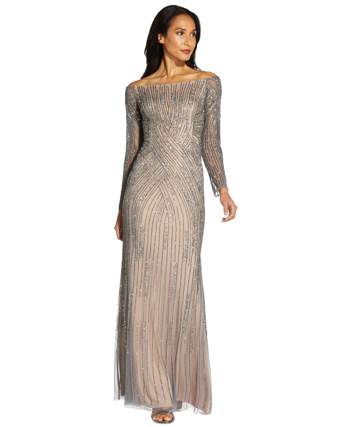 Женское платье Adrianna Papell Sequin Off-The-Shoulder Gown, цвет: Серебро — фото 1