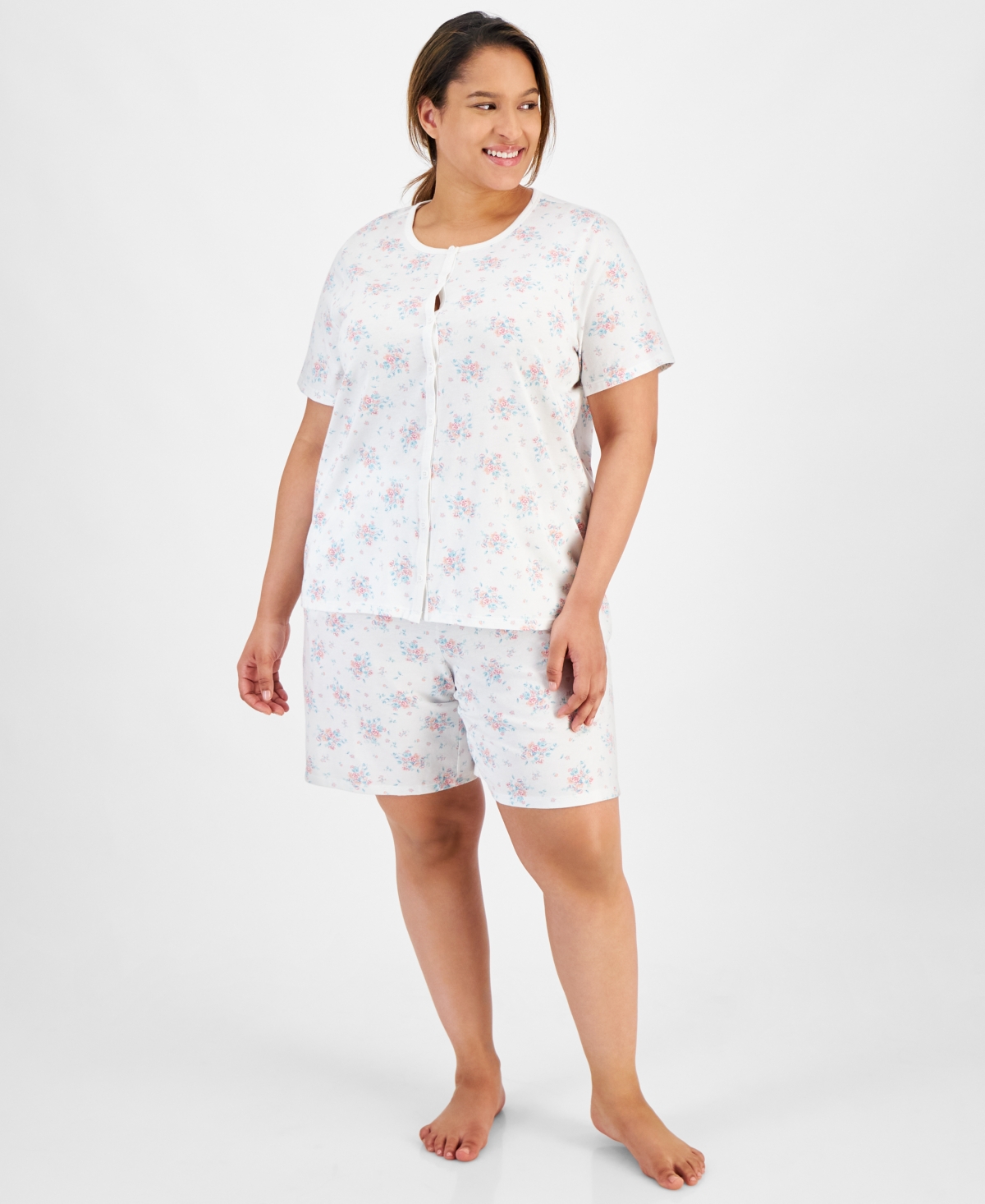 Plus Size Cotton Floral Bermuda Pajamas Set, Created for Macy's - Trail Floral