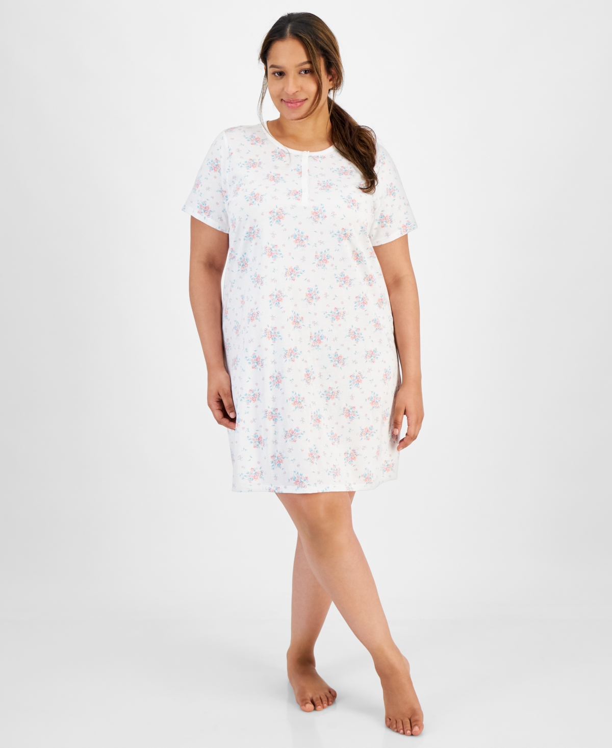Plus Size Cotton Printed Henley Sleep Shirt, Created for Macy's - Trail Floral