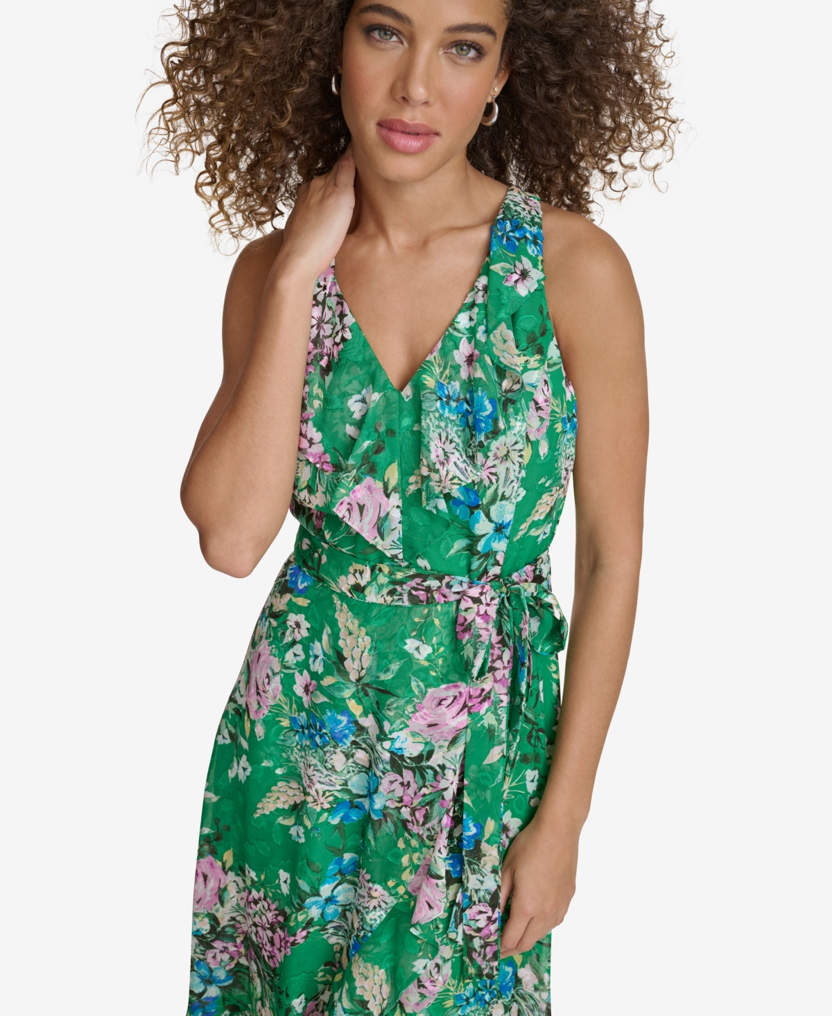 Shop Kensie Women's Floral-print Ruffled Sleeveless Midi Dress In Green Multi