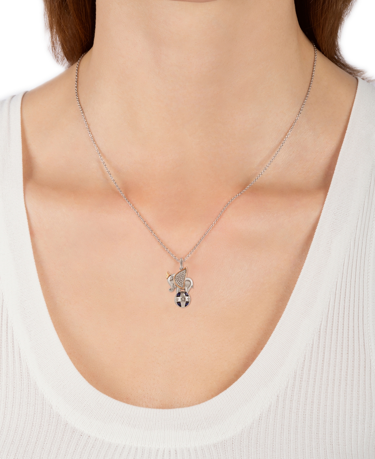 Wonder Fine Jewelry Disney  Sapphire (1/8 Ct. T.w.) & Diamond (1/10 Ct. T.w.) Dumbo 18" Pendant Neckl In Sterling Silver  Rose Gold-plate