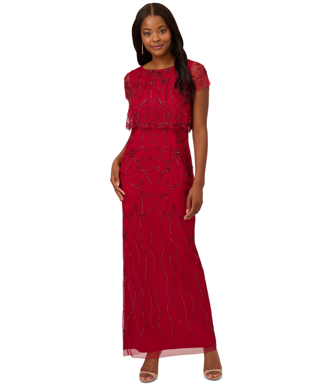Adrianna Papell Petite Beaded Scalloped-popover Gown In Red