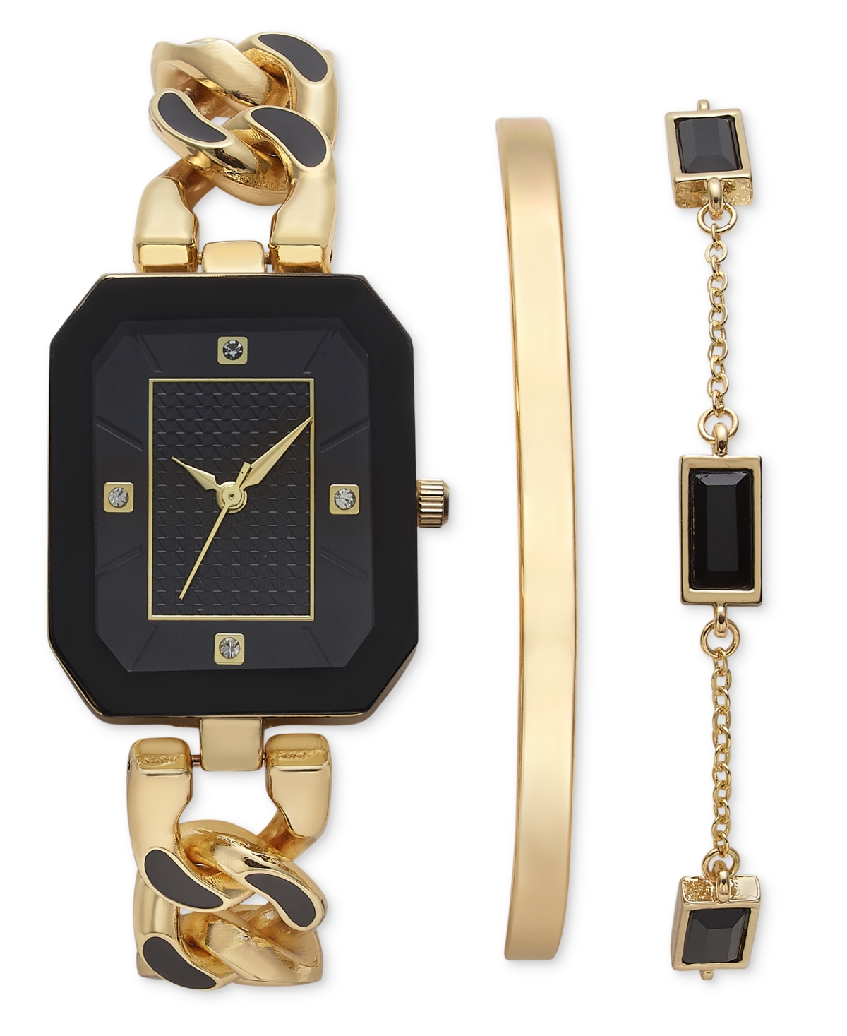 Inc International Concepts Women's Black & Gold-tone Link Bracelet Watch 26mm Set, Created For Macy's