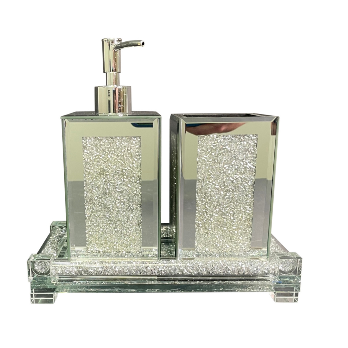 Exquisite 3 Piece Square Soap Dispenser And Toothbrush Holder With Tray - Silver