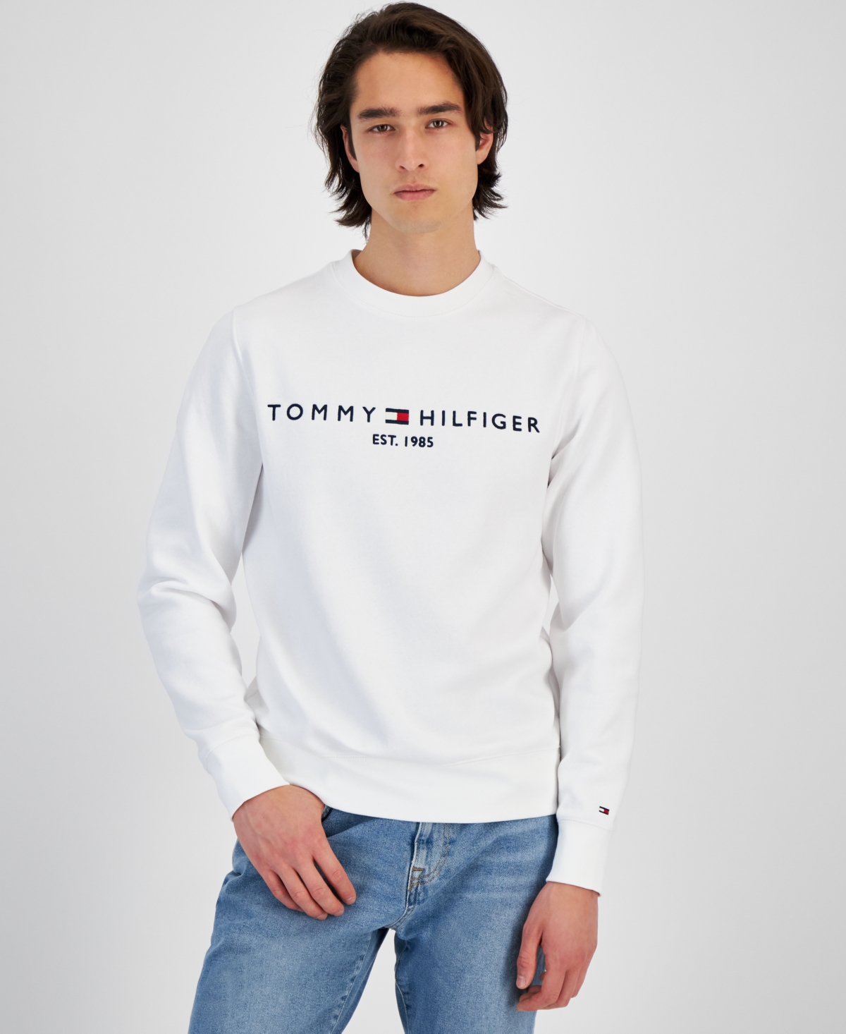 Tommy Hilfiger Men's Embroidered Logo Fleece Sweatshirt In White