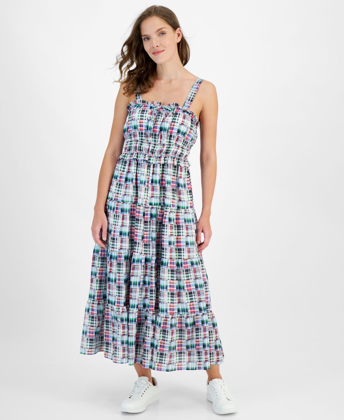 Women's Plaid-Print Ruffle-Trim Maxi Dress - Nigh Sky M