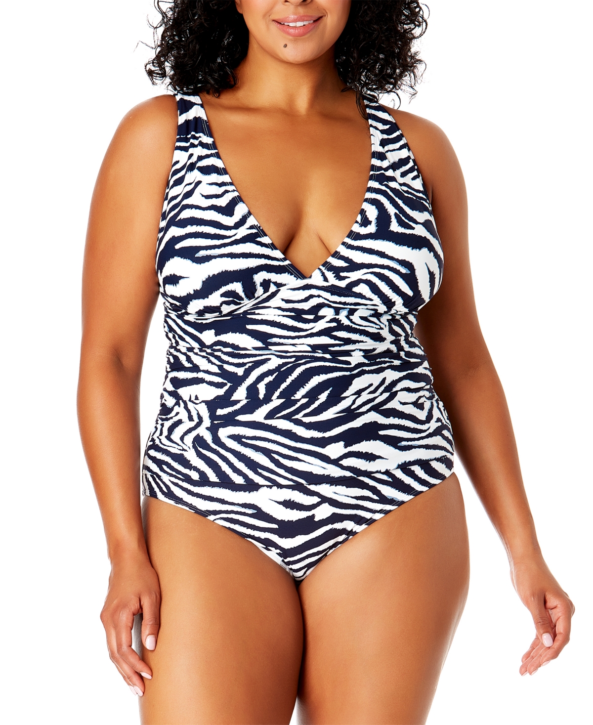 Plus Size Zebra-Print One-Piece Swimsuit - Navy  White