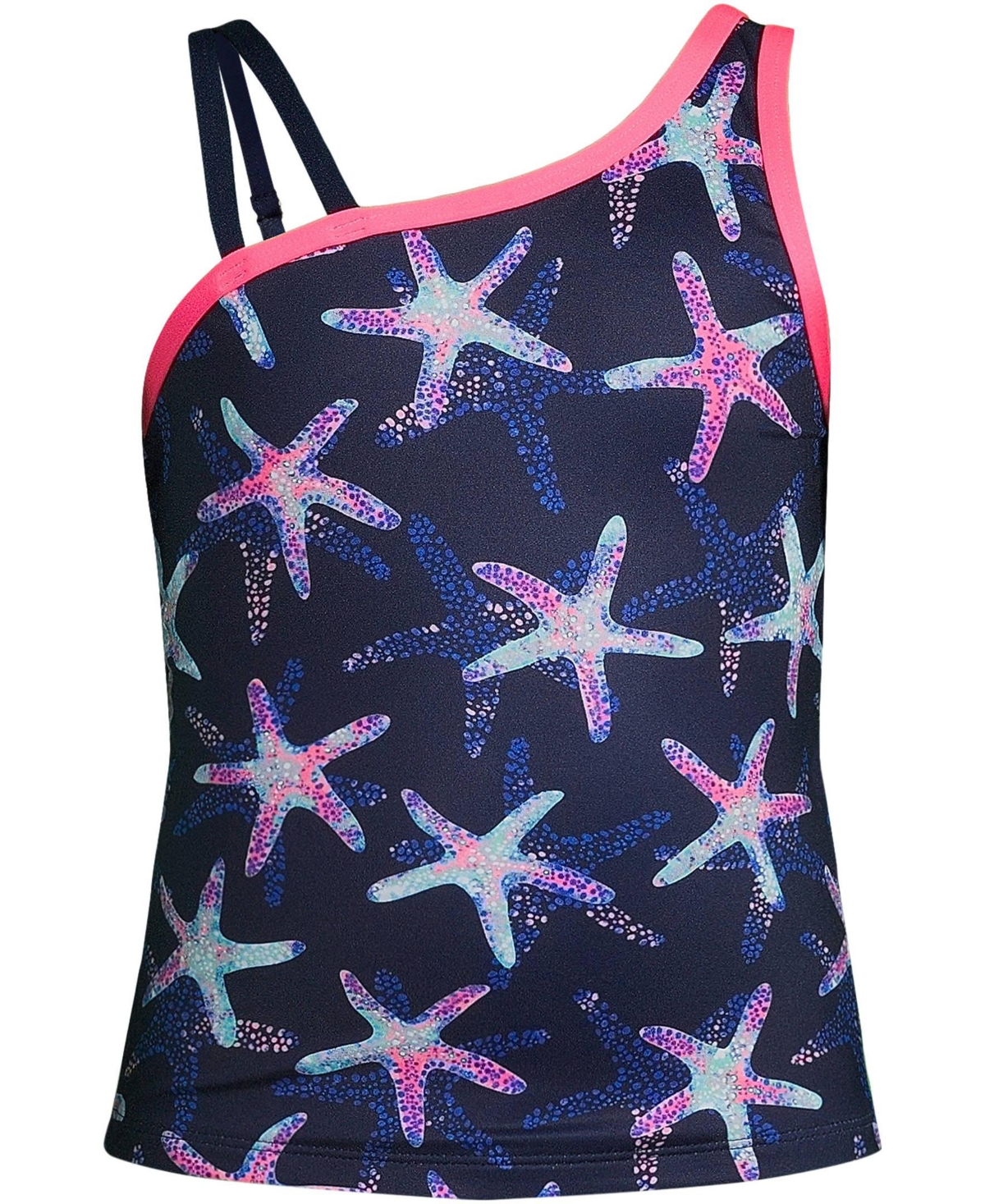Lands' End Girls Chlorine Resistant One Shoulder with Strap Tankini Top Swimsuit -pink starfish