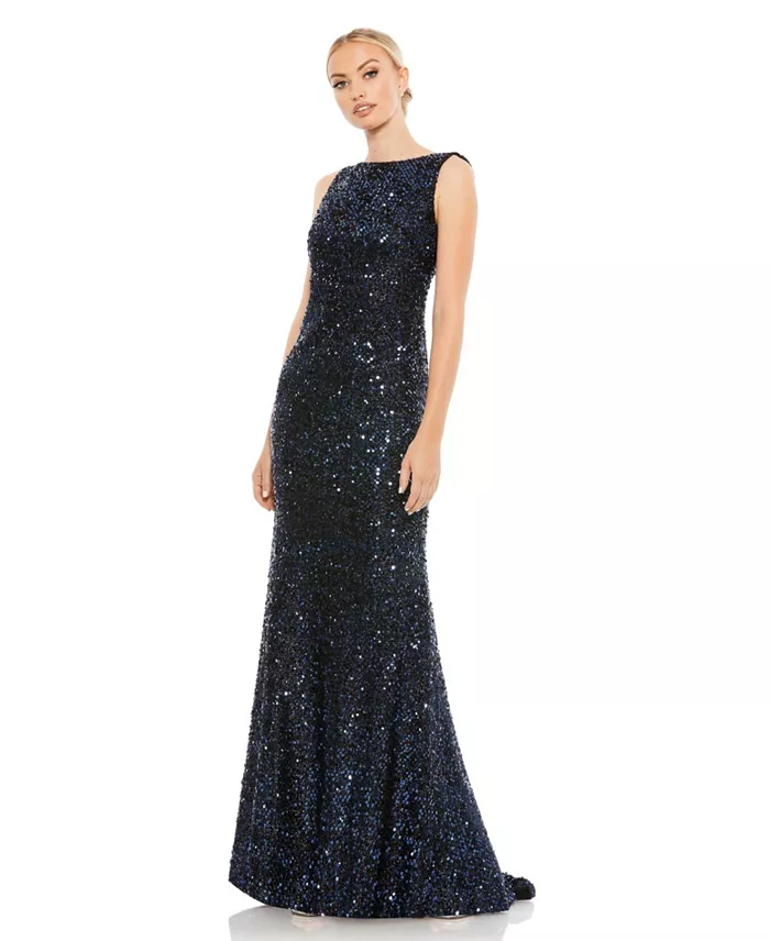Women's Sleeveless Sequin Cowl Back Evening Gown - thumbnail 8
