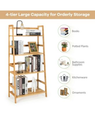 4-Tier Bamboo Bookshelf Ladder Shelf Plant Stand Rack-Natural