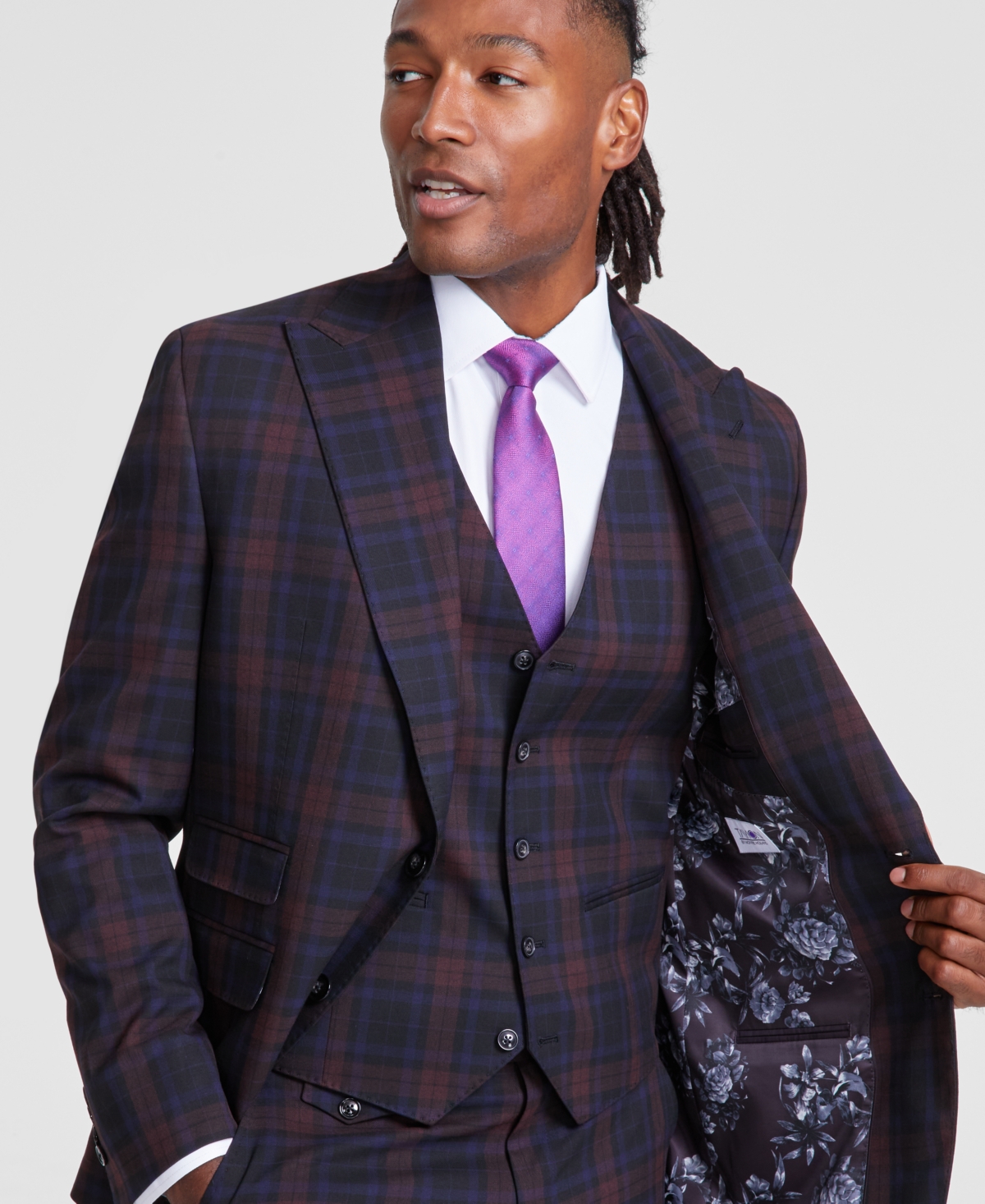 Tayion Collection Men's Classic-Fit Plaid Suit Jacket -burgundy