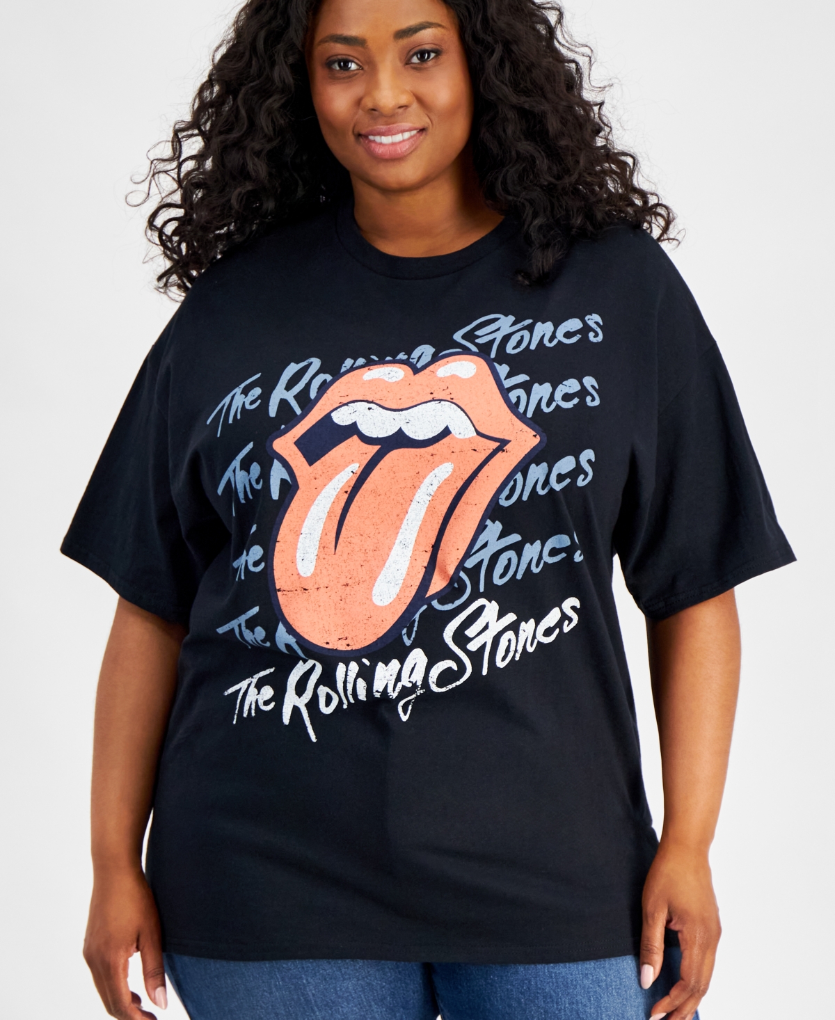 Shop Love Tribe Trendy Plus Size Rolling Stones Graphic Print Crewneck Cotton T-shirt In Black