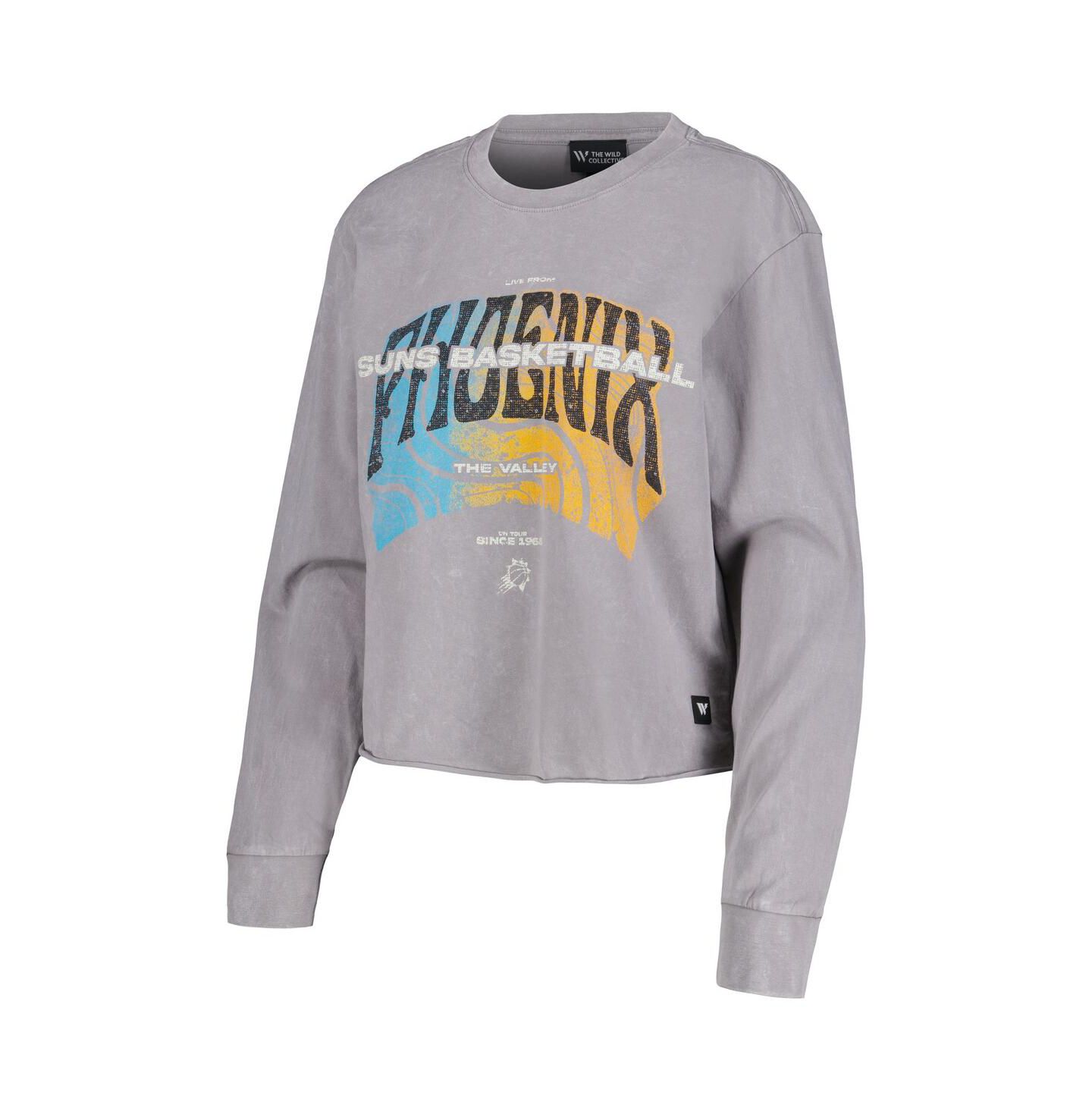 Женская футболка The Wild Collective Gray Distressed Phoenix Suns Band Cropped Long Sleeve — фото 3
