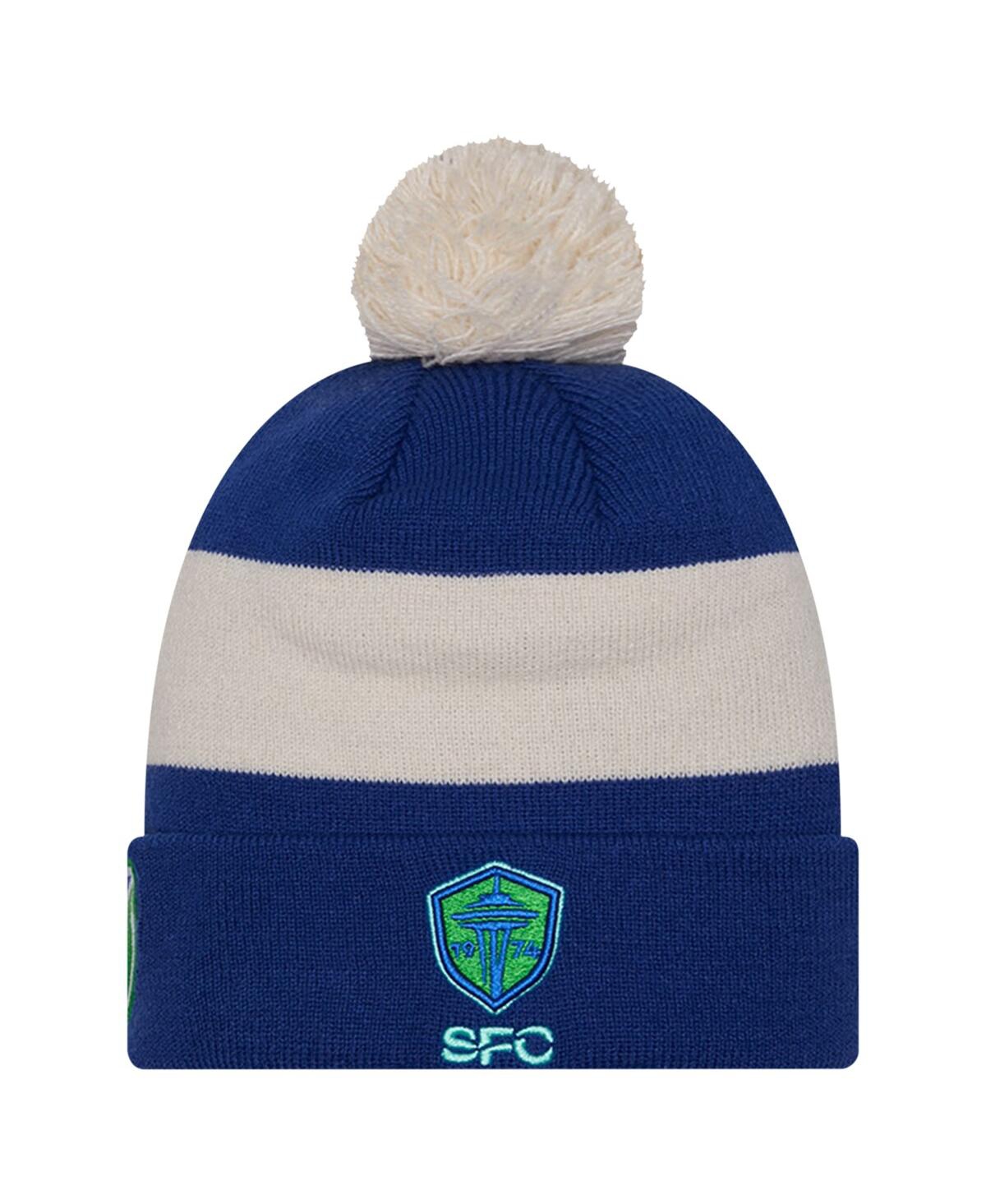 Shop New Era Men's  Blue Seattle Sounders Fc 2024 Kick Off Collection Cuffed Knit Hat With Pom