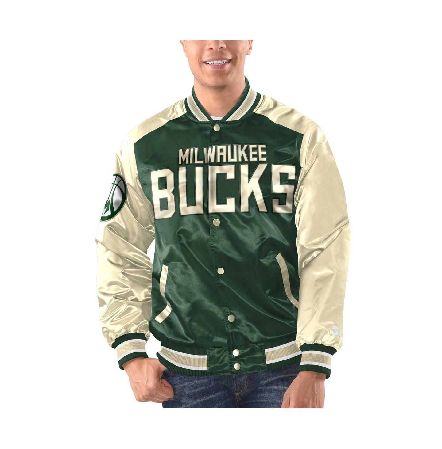 Мужская куртка Starter Hunter Green, Cream Milwaukee Bucks Renegade Satin Full-Snap Varsity — фото 1