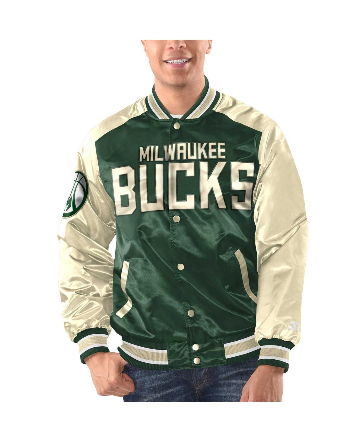 Shop Starter Men's  Hunter Green, Cream Milwaukee Bucks Renegade Satin Full-snap Varsity Jacket In Hunter Green,cream