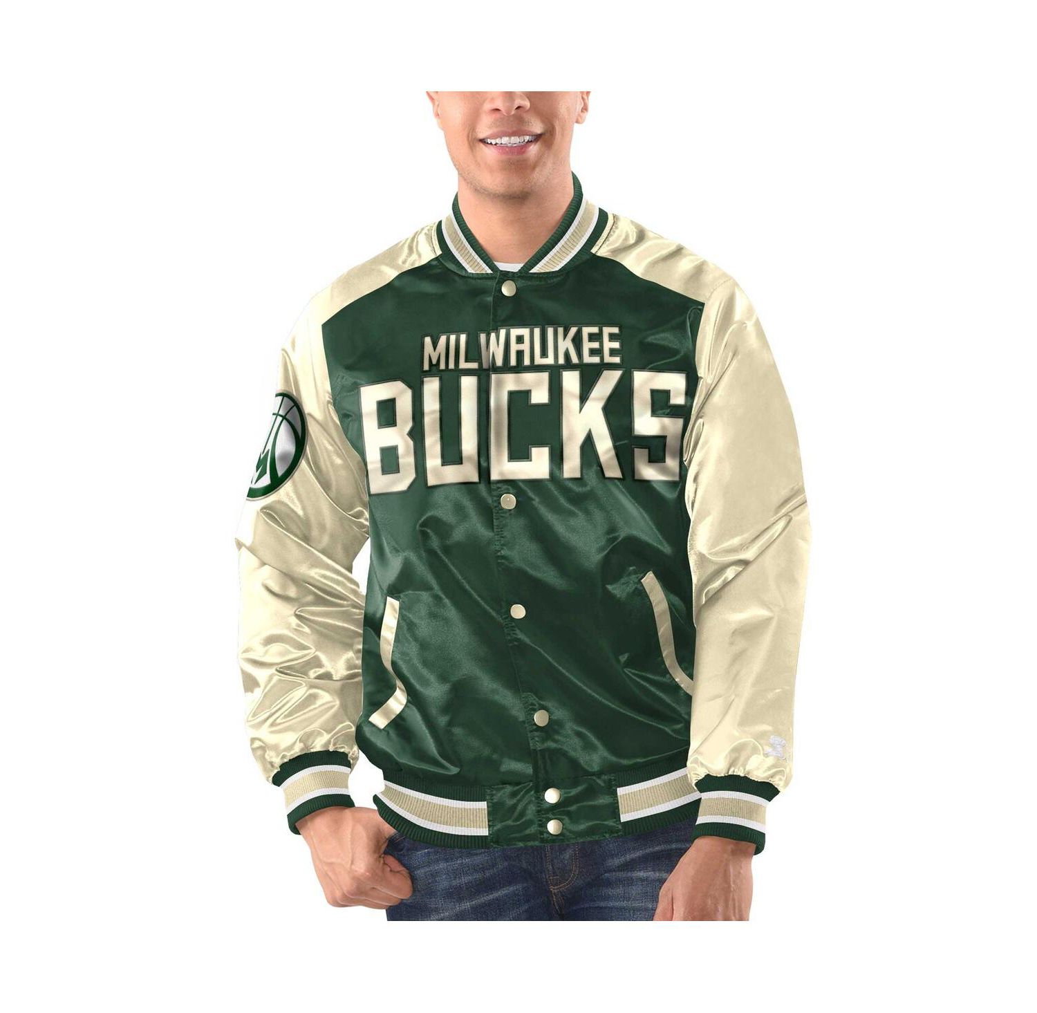 Men's Hunter Green, Cream Milwaukee Bucks Renegade Satin Full-Snap Varsity Jacket