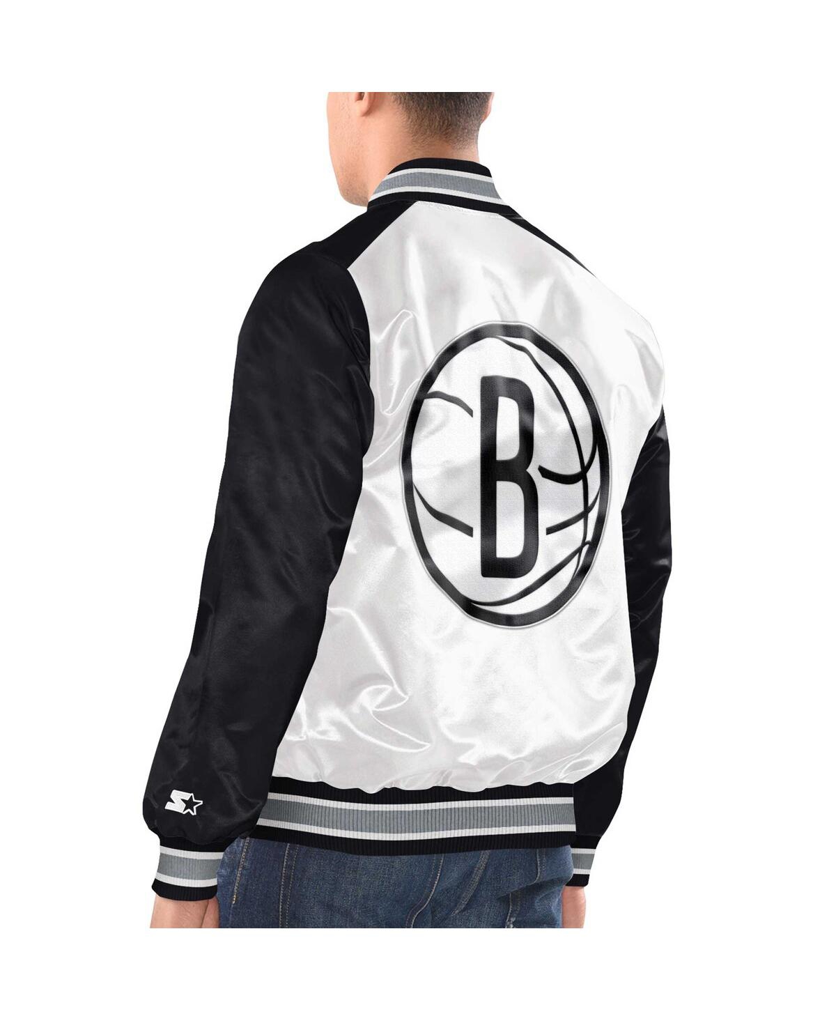 Starter Men's  White, Black Brooklyn Nets Renegade Satin Full-snap Varsity Jacket In White,black