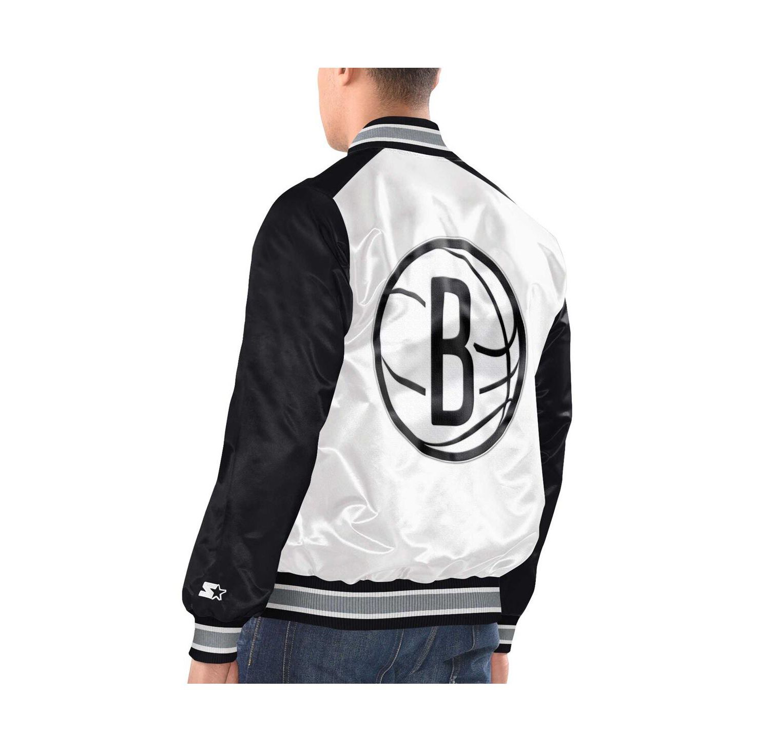 Men's White, Black Brooklyn Nets Renegade Satin Full-Snap Varsity Jacket