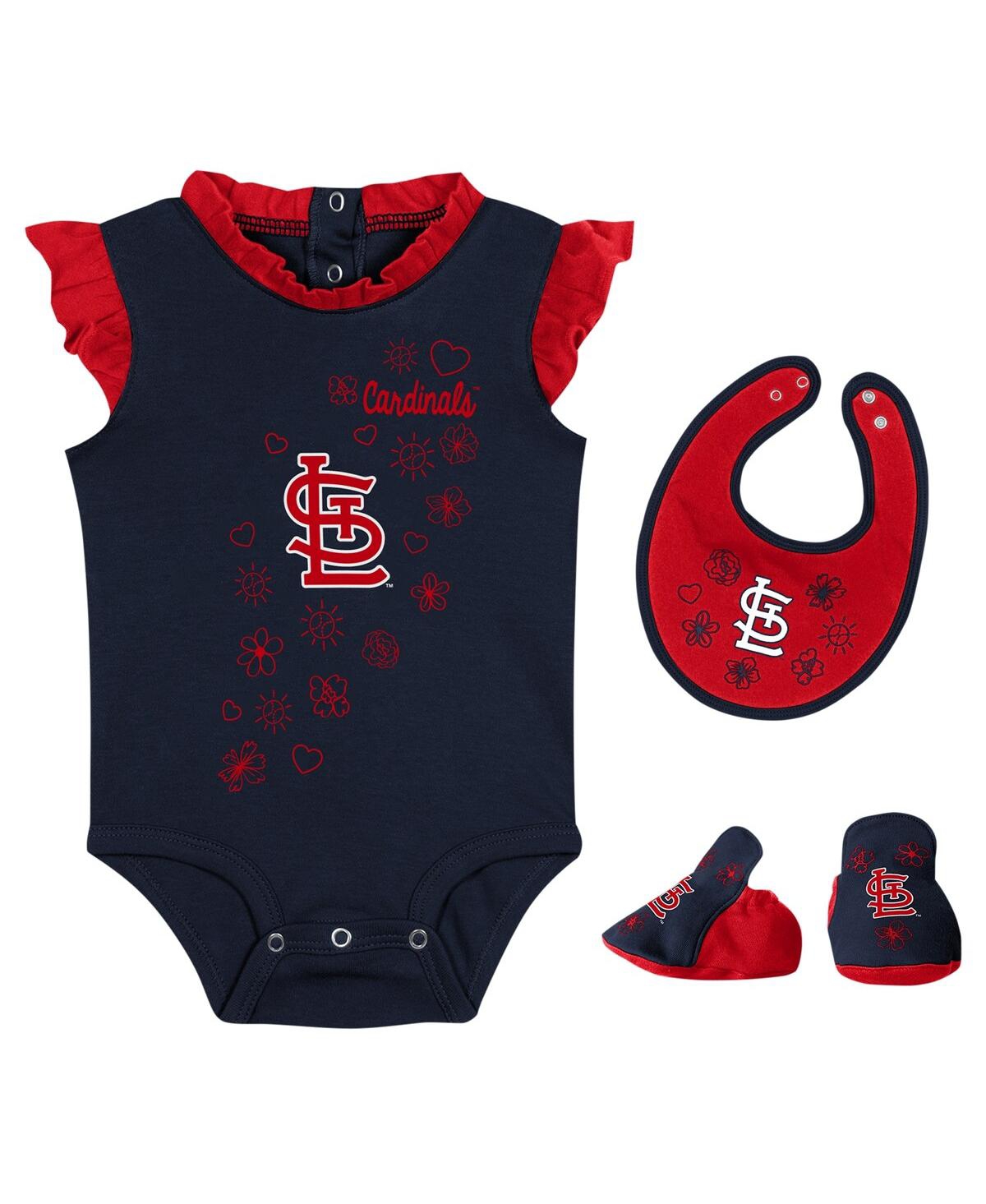 Outerstuff Baby Girls Fanatics Navy St. Louis Cardinals Happy Baseball Bodysuit, Bib And Bootie Set
