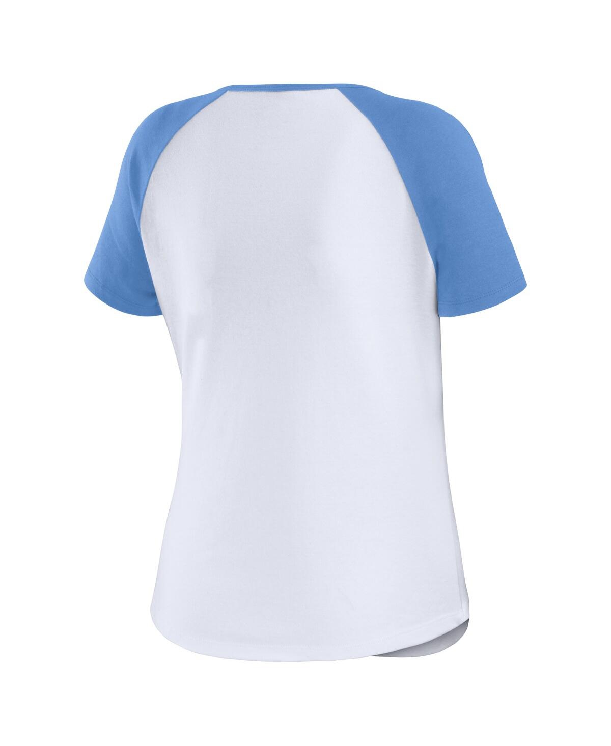 Shop Wear By Erin Andrews Women's  White Distressed North Carolina Tar Heels Baseball Logo Raglan Henley T