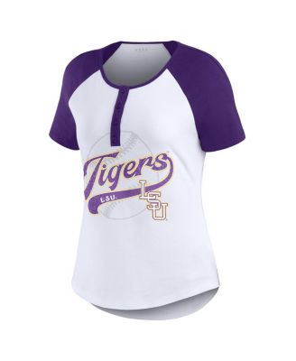 Women's White Distressed LSU Tigers Baseball Logo Raglan Henley T-shirt