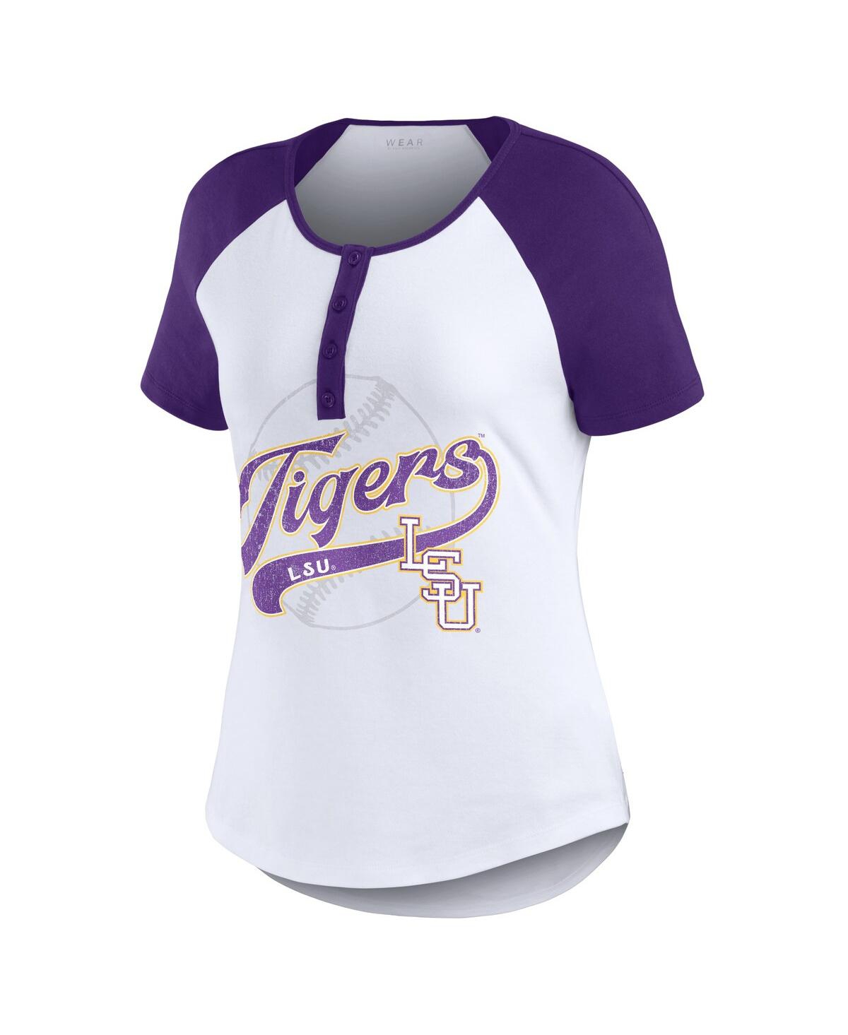 Shop Wear By Erin Andrews Women's  White Distressed Lsu Tigers Baseball Logo Raglan Henley T-shirt