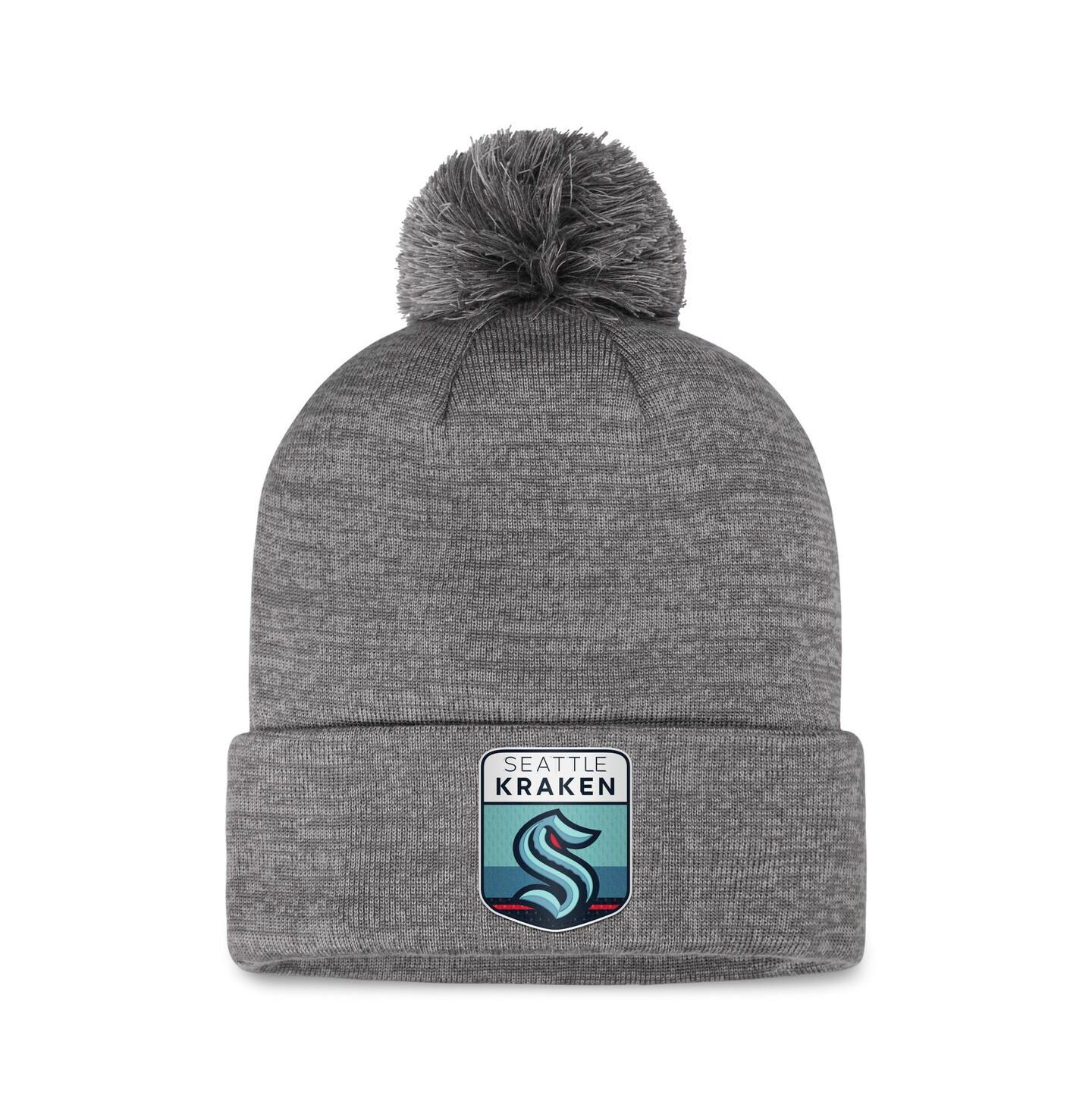 Мужская шапка Fanatics Gray Seattle Kraken Authentic Pro Home Ice Cuffed Knit Hat with Pom — фото 1
