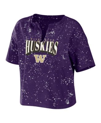Women's Purple Washington Huskies Bleach Wash Splatter Cropped Notch Neck T-shirt