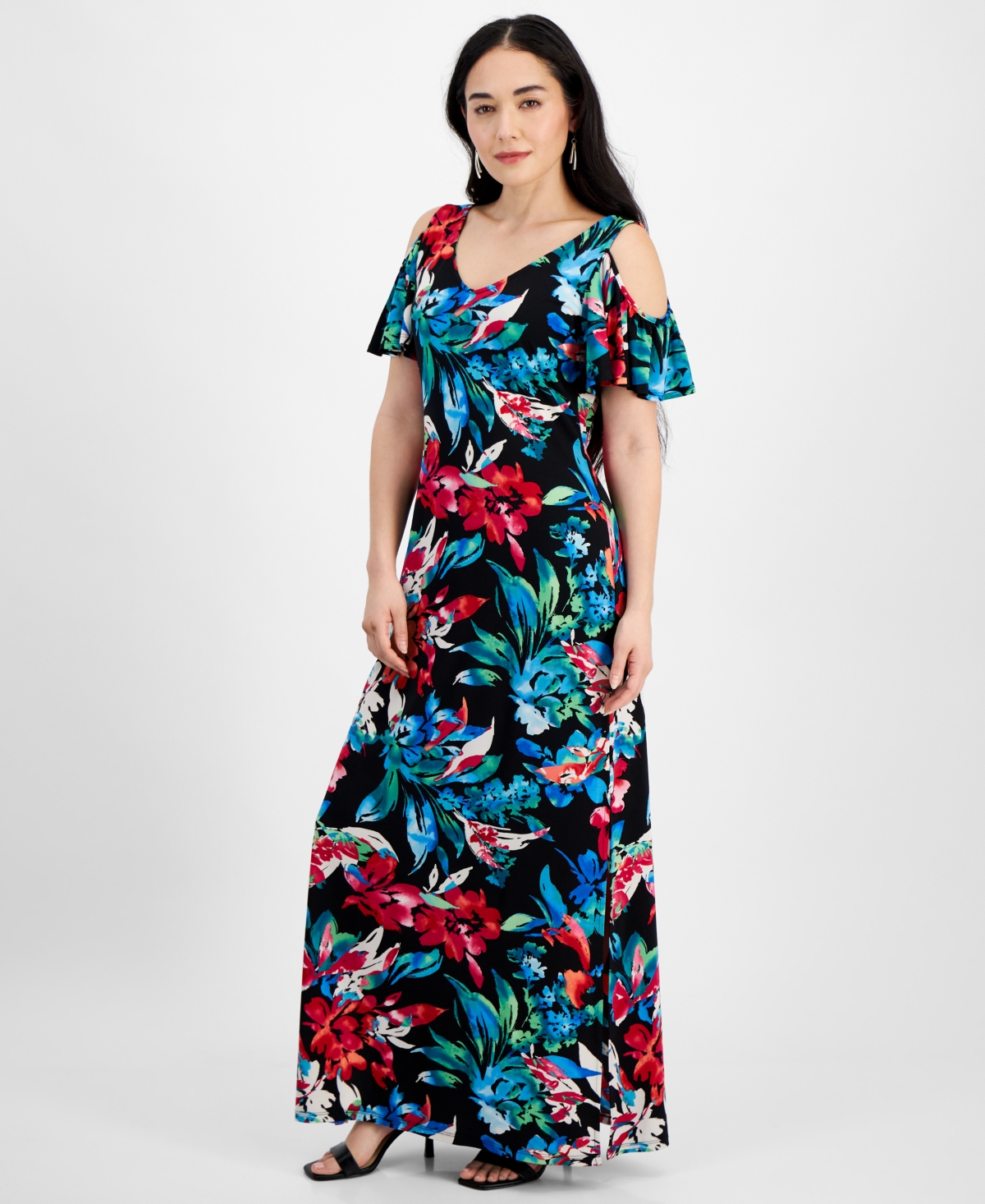 Shop Connected Petite Floral Cold-shoulder Maxi Dress In Black