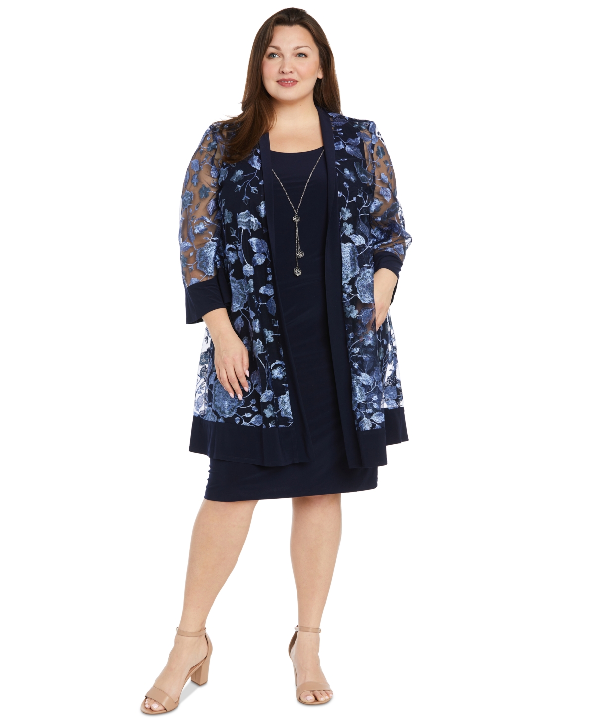 Plus Size Floral Jacket & Necklace Dress - Navy/Periwinkle