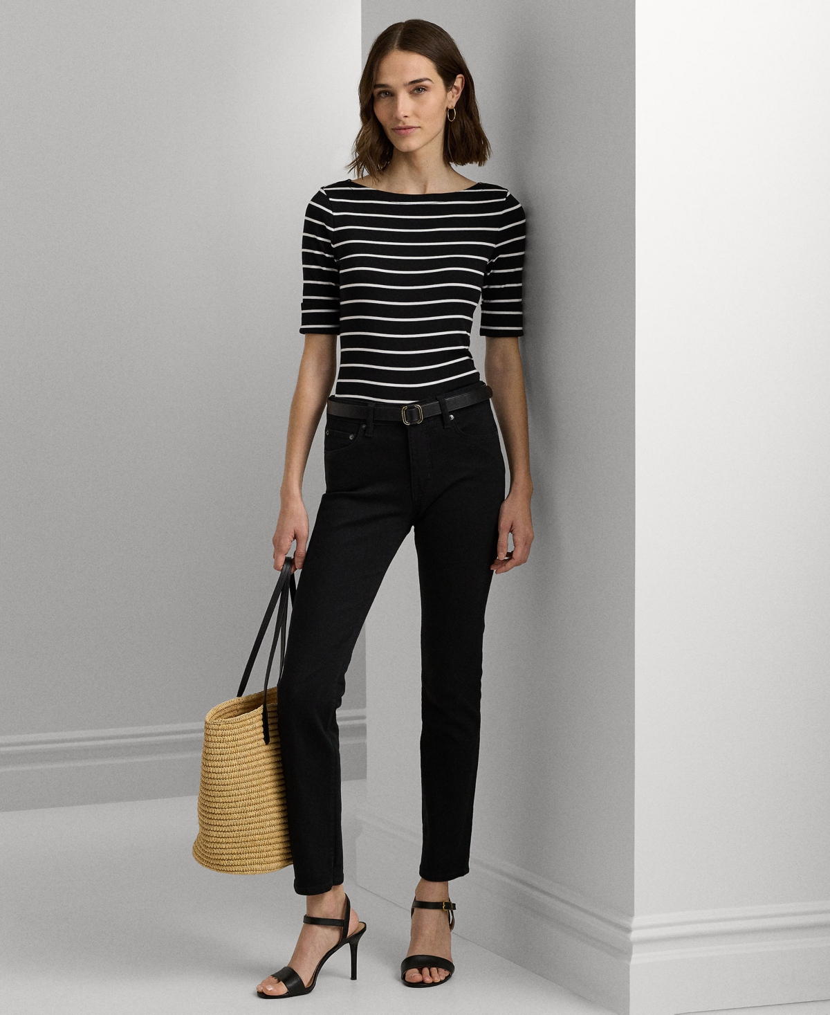 Lauren Ralph Lauren Striped Boatneck Top -Black