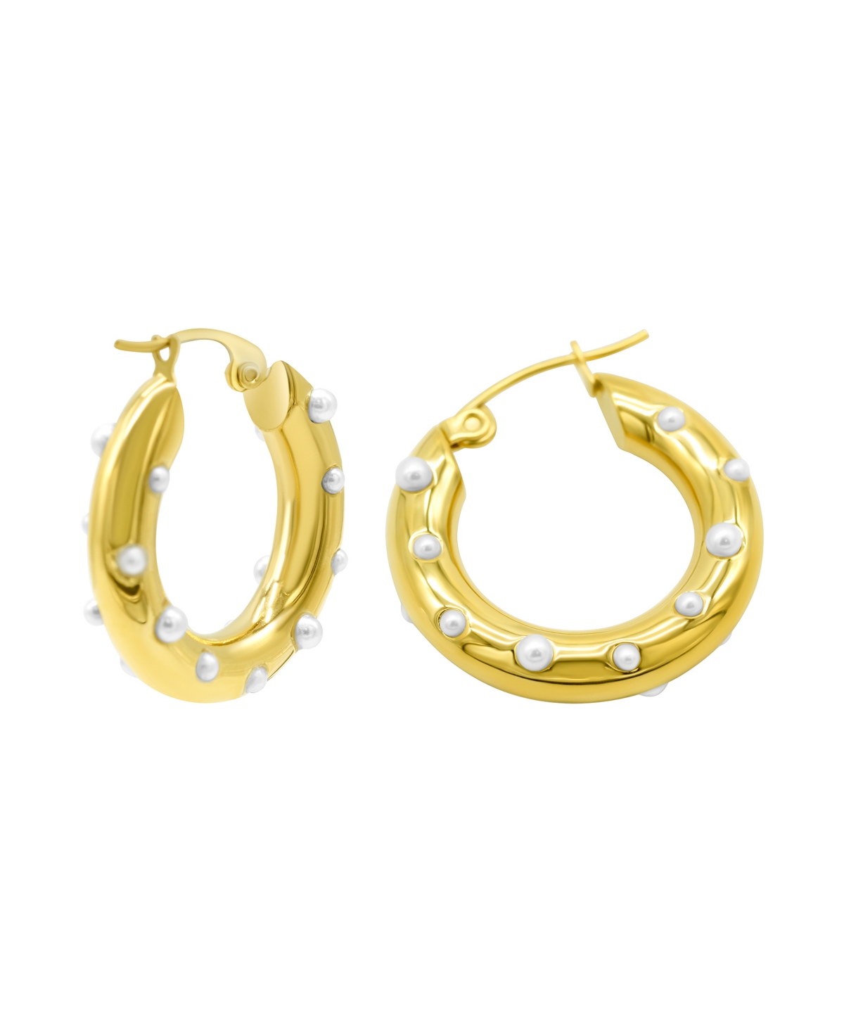 Tarnish Resistant 14K Gold-Plated Imitation Pearl-Studded Hoop Earrings - White