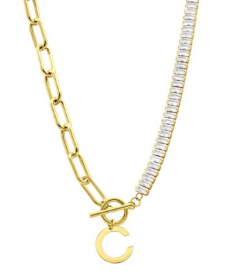 14K Gold-Plated Half Crystal and Half Paperclip Initial Toggle Necklace