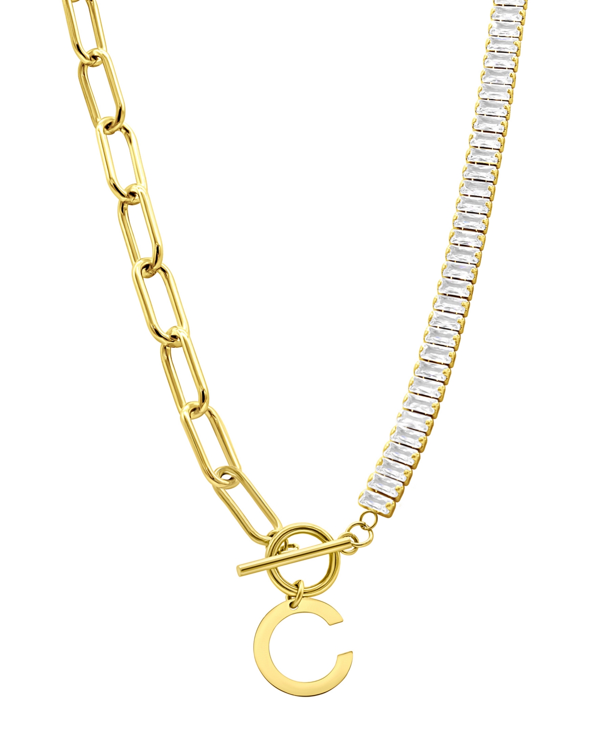 Adornia 14K Gold-Plated Half Crystal and Half Paperclip Initial Toggle Necklace - Gold- C