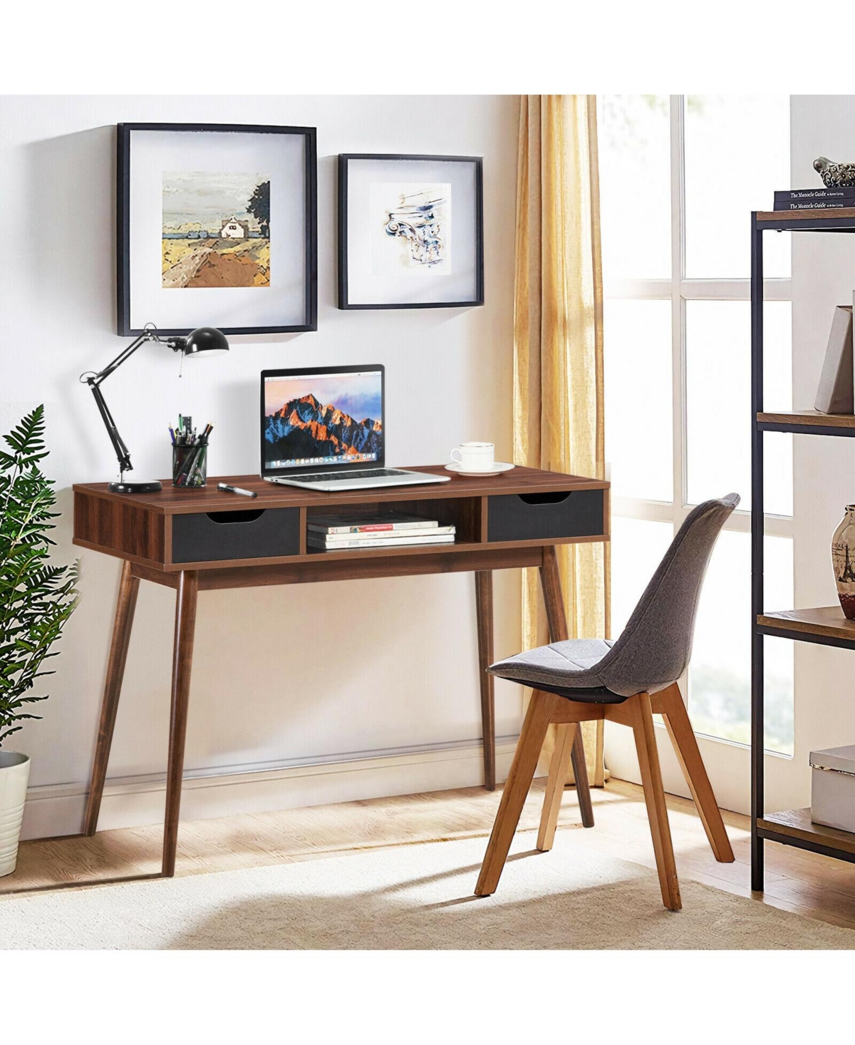 Stylish Computer Desk Workstation with 2 Drawers and Solid Wood Legs