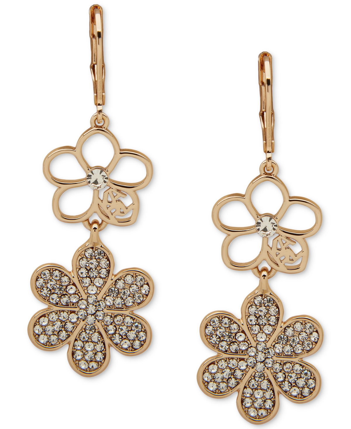 Gold-Tone Crystal Pave Flower Double Drop Earrings - Crystal Wh