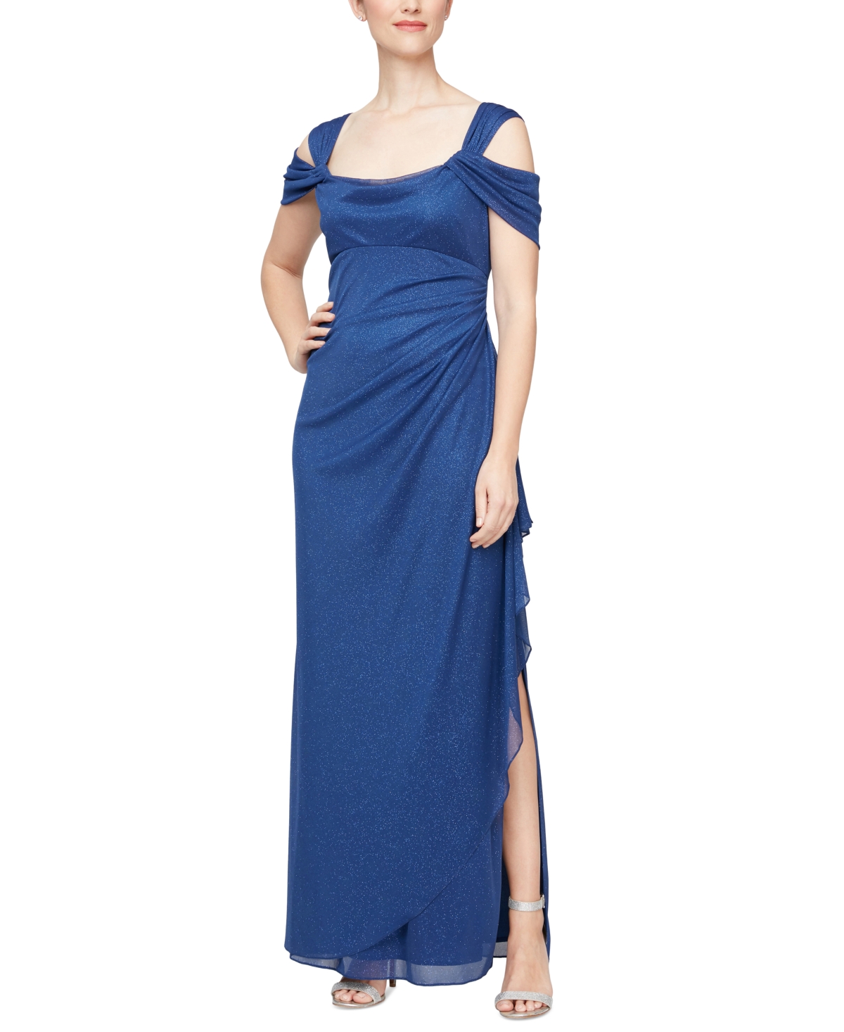 Shop Alex Evenings Cold-shoulder Draped Metallic Gown In Electric Blue