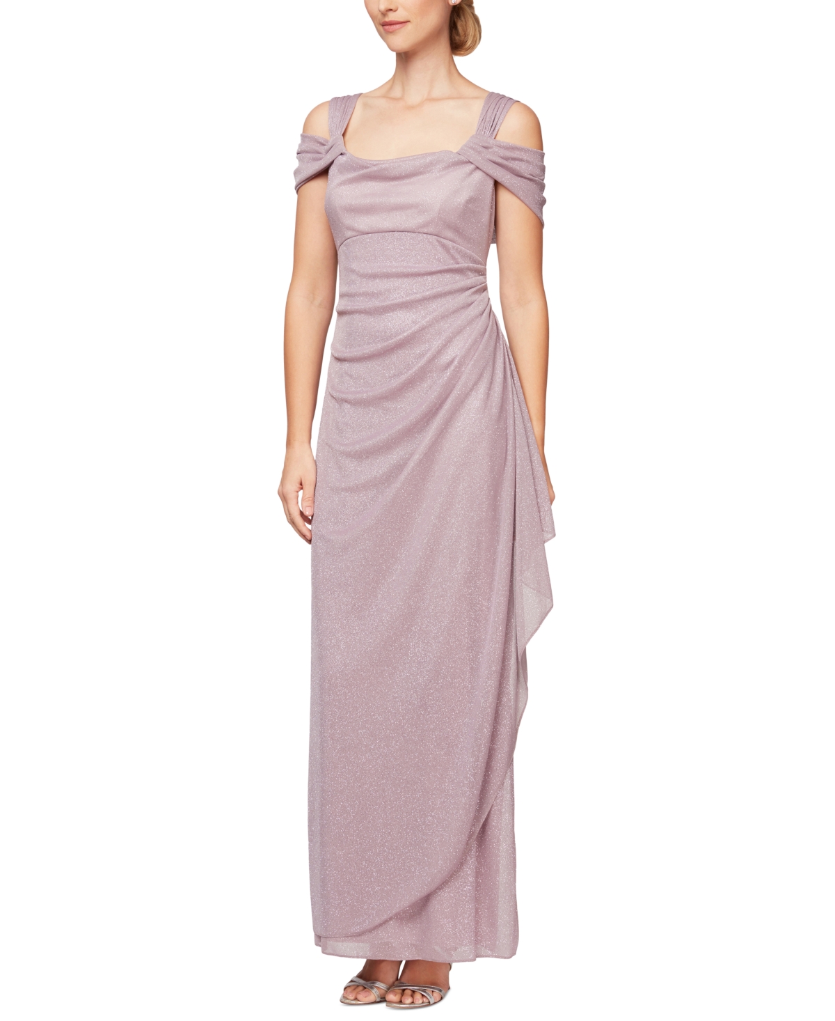 Shop Alex Evenings Cold-shoulder Draped Metallic Gown In Mauve