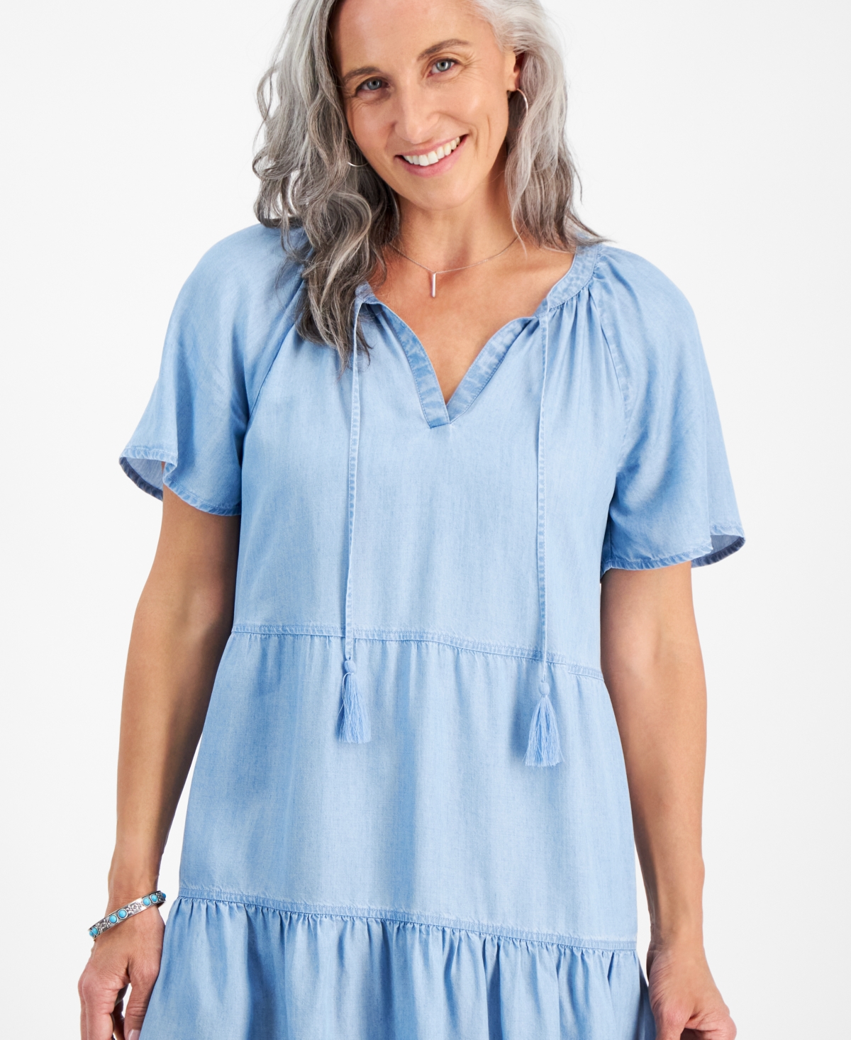 Shop Style & Co Petite Tiered Chambray Dress, Created For Macy's In Emma Wash